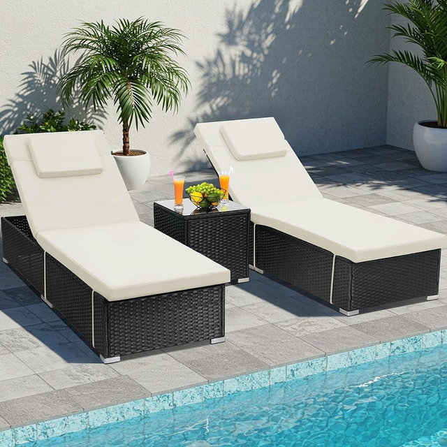 Murago 3 Piece Set, Includes 2 Wicker Chaise Lounge Chairs for Outdoors with Matching Side Table, Idea Oversized Reclining Patio Lounger with Washable Cushions, White