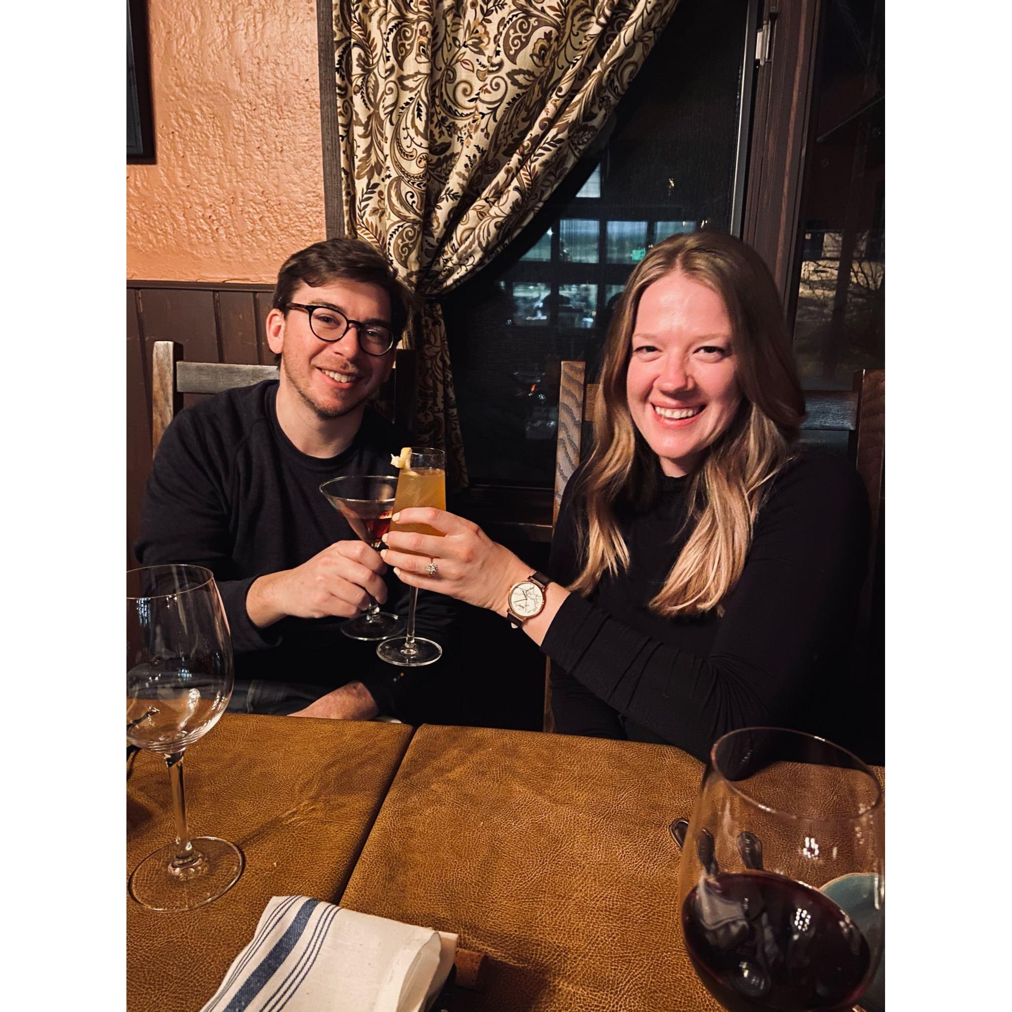Celebrating the night that we got engaged with friends in Winter Park, CO