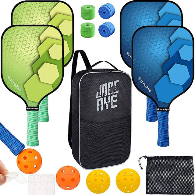 JoncAye Pickleball-Paddles-Set-of-4, Light Pickle-Ball-Paddle-Set with 4 Outdoor Indoor Balls, Paddle Case, Ball Bag | Fiberglass Rackets and Accessories for Adults, Pickleball Racquets for Men Women