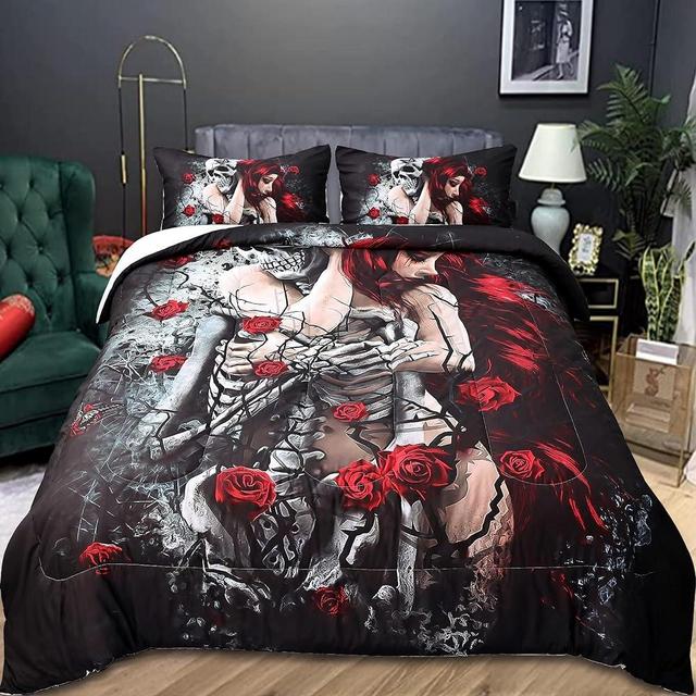 ZHH Skeletons Comforter King Size Love Never Dies Gothic Duvet Set 3 Pieces Soft Microfiber Quilt Bedding Down Bedroom Decor 104"x 90"