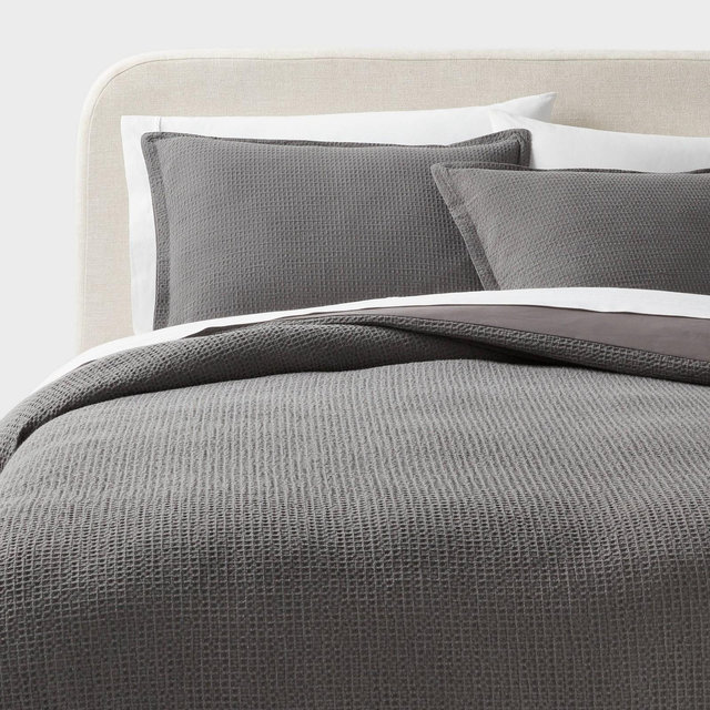 King Washed Waffle Weave Duvet Cover and Sham Set Dark Gray - Threshold™