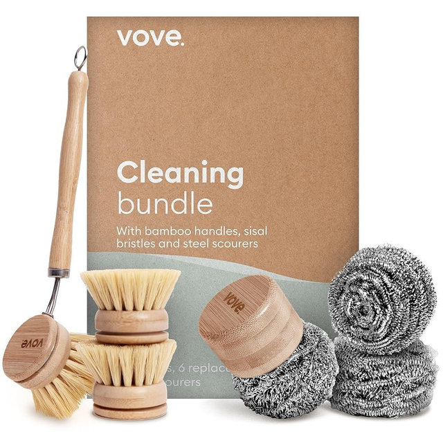 Vove Premium Kitchen Cleaning Set - Magnetic Steel Wool Scrubber & Dish Brush with Bamboo Handles - Heavy Duty Kitchen Set with 3 Steel Pads & 3 Replacement Brush Heads