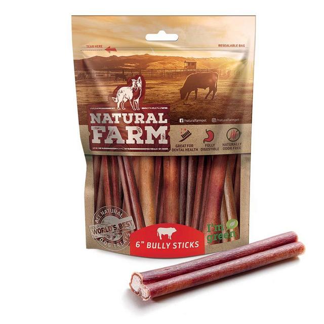 Natural Farm 6-Inch Bully Sticks (25-Pack) All-Natural, Farm-Raised Beef Dog Treats | Odor-Free, Grain-Free | Fully Digestible Chews for Small, Medium, Large Breeds