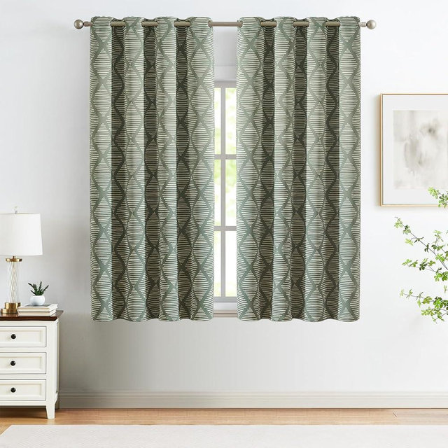 jinchan 100% Blackout Curtains 63 Inch Length Green Geometric Printed Curtains Thermal Insulated Pattern Bedroom Curtains Modern Grommet Top Window Curtain Set Drapes, 2 Panels Sage Green