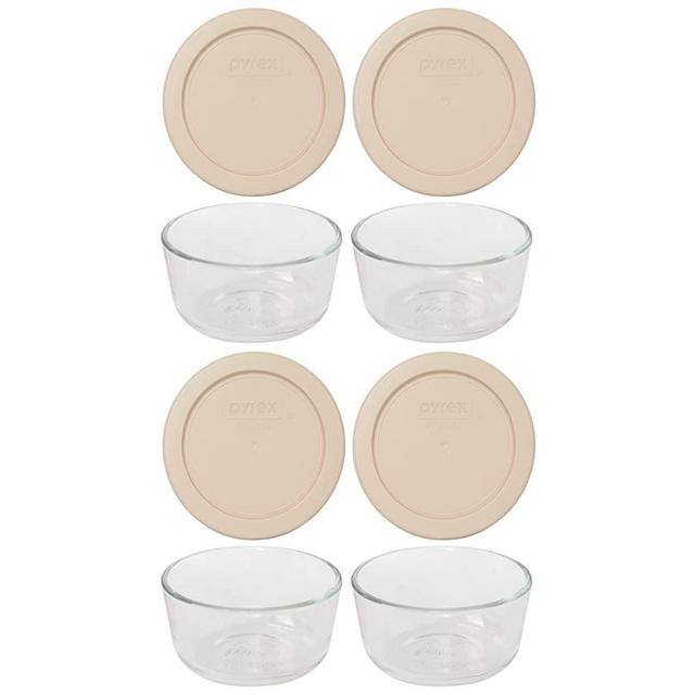 Pyrex (4) 7202 Glass Bowls & (4) Pyrex 7202-PC Blush Lids