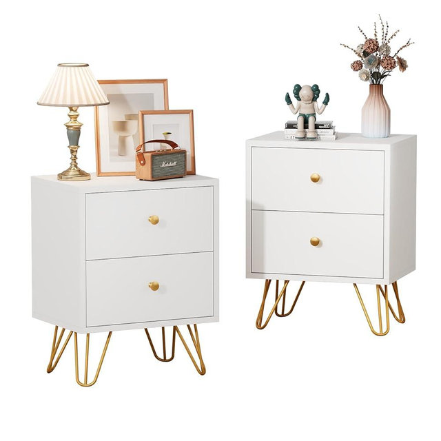 Tradare White Nightstand Set of 2, White and Gold Night Stand with 2 Drawers, Modern End Table with Metal Legs and Gold Handles, Bedside Table for Bedroom, Hallway
