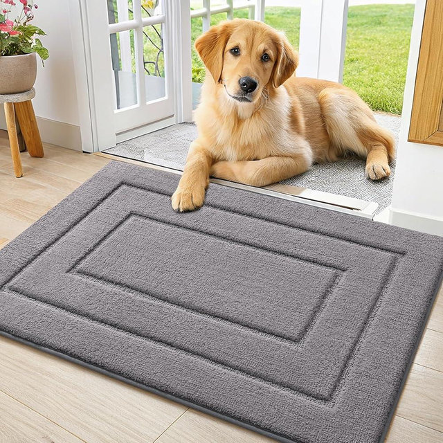 Smiry Dog Door Mat for Muddy Paws Indoor Entrance, Absorbs Moisture and Dirt Low-Profile Washable Front Door Mat for Floor Home Entryway (30x20 Inches, Grey)