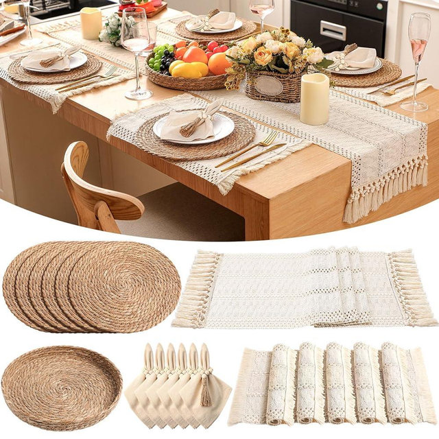 Gandeer 6 Sets Boho Placemats Round Woven Placemats, Cloth Napkins, Wood Bead Napkin Rings, Long Table Runner and Farmhouse Rustic Natural Burlap Cotton for Kitchen Dining Table Home (White)