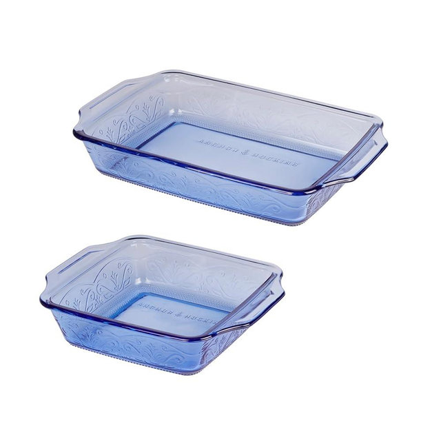 Anchor Hocking Coastal Blue Laurel Embossed Bakeware Set (2-Piece, 3-quart & 8-inch, oven/dishwasher safe)