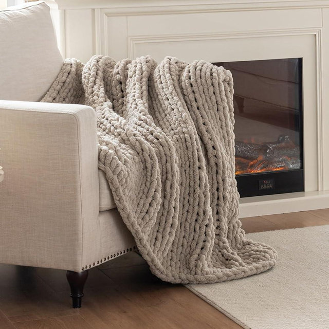 LAST MODA Chunky Knit Blanket Throw, 100% Hand Knit Throw Blanket Handmade Chenille Cable Knit Throw for Couch, Stylish Cozy Soft Rope Knot Crochet Blanket for Home Decor, Beige Linen, 60x80 Inches
