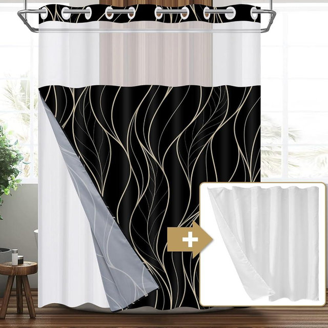Likiyol 2PCS Black No Hook Shower Curtain with Snap in Liner Hotel Shower Curtain with 2 Detachable Liner Modern Striped Shower Curtain and Liner Set Fabric, Double Layer, Washable, 71" x 74"