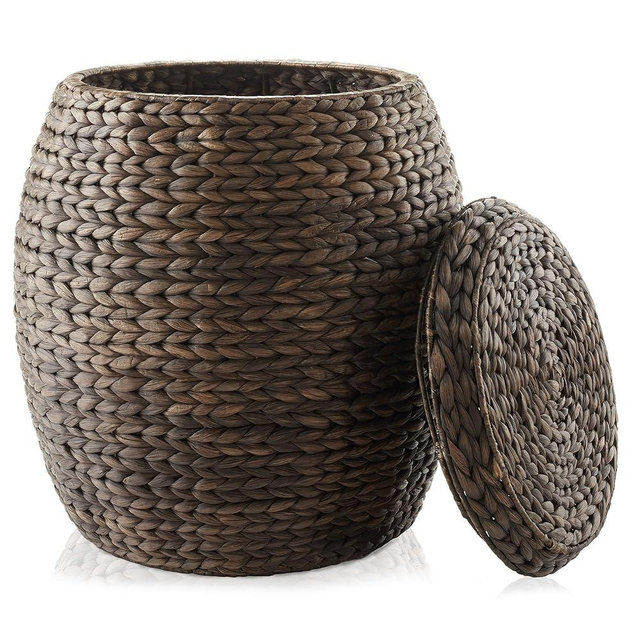 Casafield Round Storage Basket with Lid - Espresso, Handwoven Water Hyacinth Organizer for Laundry, Blankets, Plants, Bedroom, Living Room, Home Office