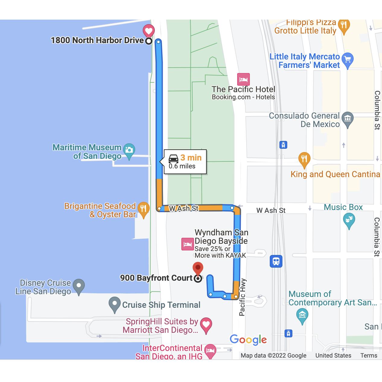 Hotel - Springhill Suites Marriott, 900 Bayfront Court, San Diego
1/2 mile to 
Boat - Newport Hornblower, PIER ONE - 1800 North Harbor Drive, San Diego