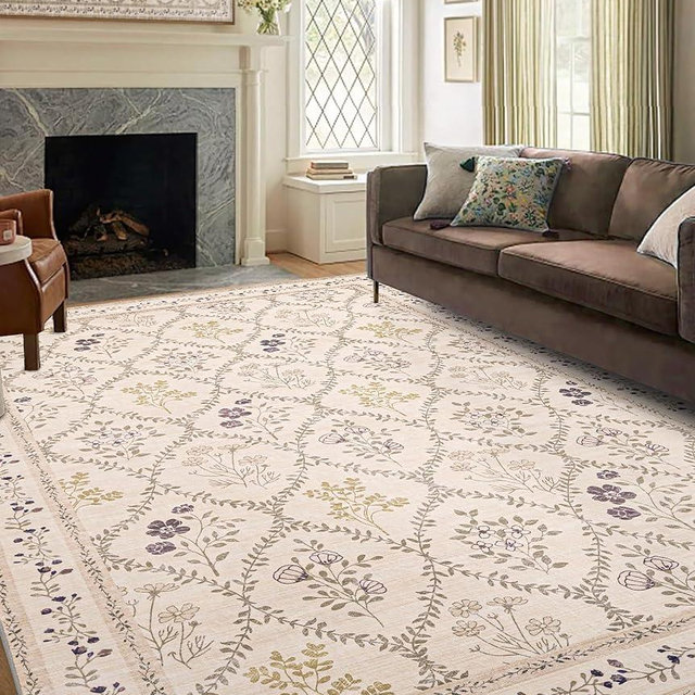 YIHOUSE 8x10 Washable Rug for Living Room, Beige Floral Rugs for Bedroom Boho Area Rug Non Slip Ultra-Thin Large Rug for Kids Playroom, Classroom, Girls Dorm, Nursery, Beige Multi