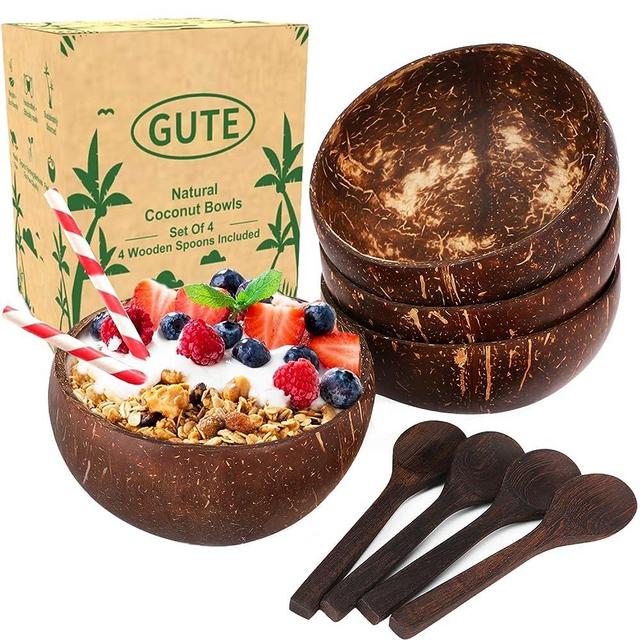 Gute 4 Pack Coconut Bowls with Spoons, Wooden Salad Bowl Sets With Serving Utensils, 100% Natural Reusable Coconut Shell Bowls for Buddha Popcorn, Serving Dishes, Breakfast, Decoration, Party