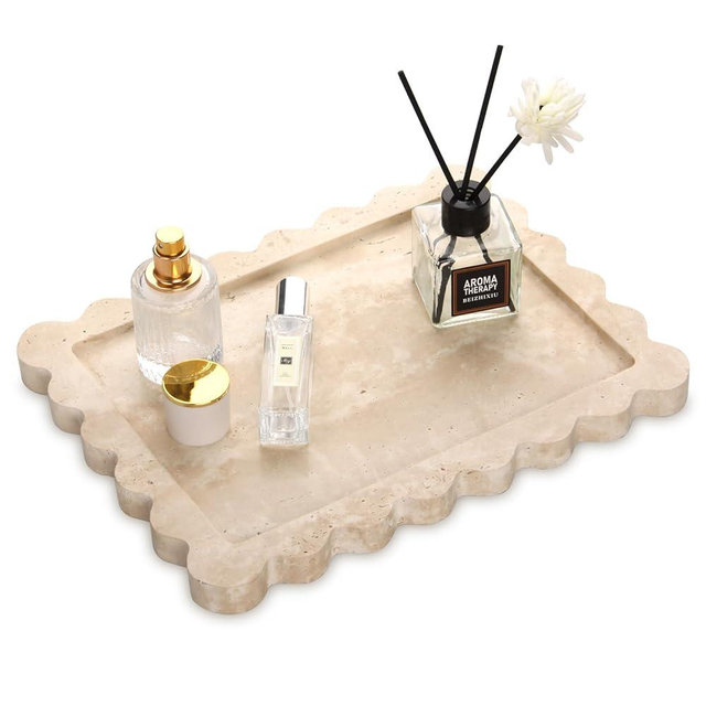 Scalloped Marble Decorative Tray,Luxury Natural Stone Bathroom Vanity Tray, Dresser Top Perfume Coffee Home Kitchen Toilet Sink Tray, Key Trinket Ring (Travertine, 10.8 * 8)