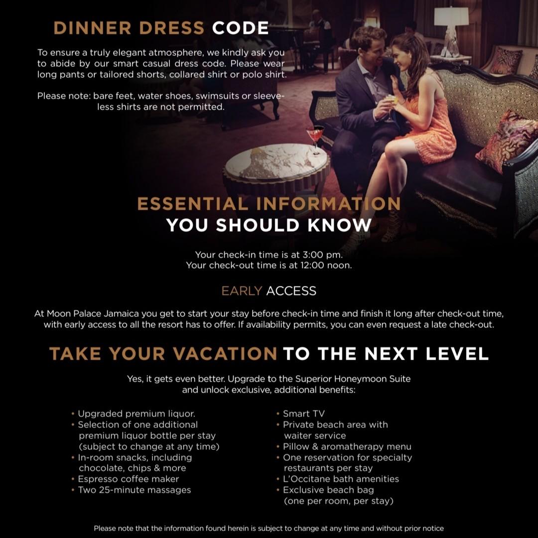 Attire explanation for resort dining and upgradable options