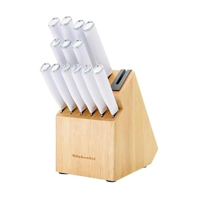 KitchenAid Classic Natural Knife Block Set with Built-In Sharpener, Japanese Stainless Steel Knives, White, 14-Piece