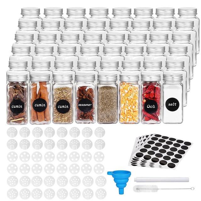 Fashionwu 24 Pack Glass Spice Jars with Spice Labels, 4oz Empty Square Glass Jars with 3 Types Filter Lids and Metal Airtight Caps, Clear