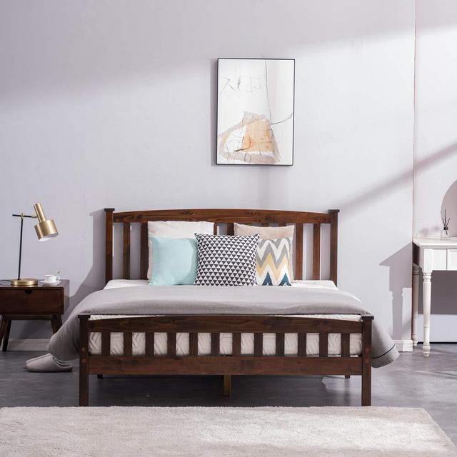 Bonnlo Queen Size Solid Wood Platform Bed Frame, Panel Bed with Headboard, No Box Spring Needed Bed Base, Wood Slat Support Mattress Foundation, Walnut