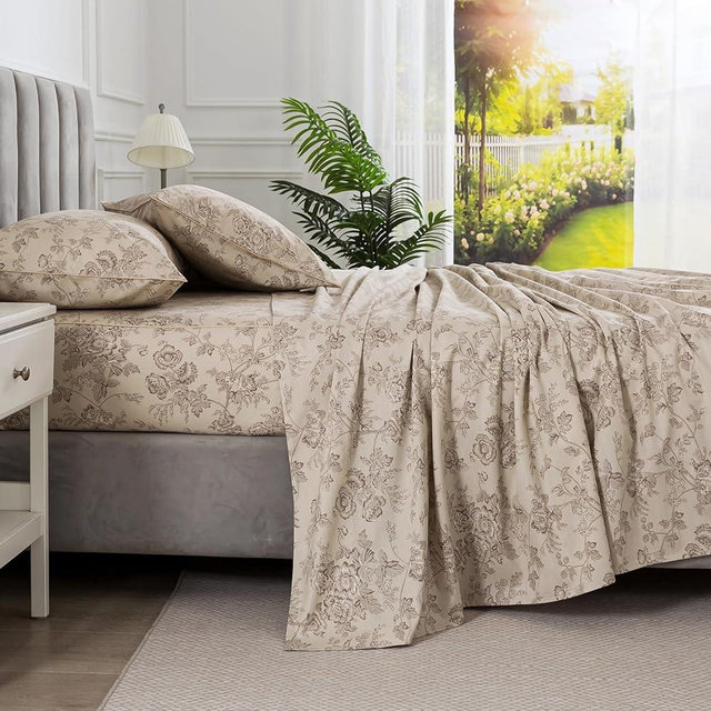 Puralens Vintage Beige Floral Sheets, California King 100% Cotton Percale Shabby Flower Patterned Chic Bed Sheet Set, Soft Crisp Deep Pocket Fitted Sheet, Luxury Aesthetic Cottagecore Bedding, 4Pcs