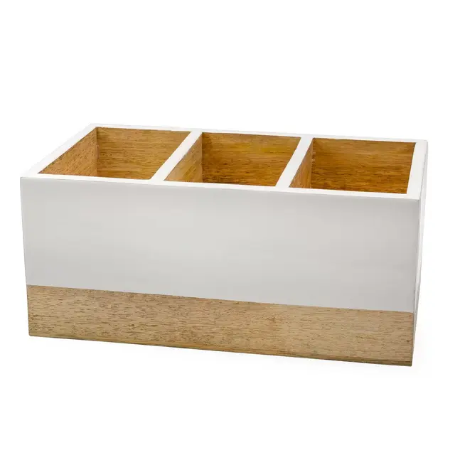 AuldHome Wood/Enamel Utensil Holder, Mango Wood 3-Compartment Farmhouse Cooking Caddy or Spoons/Forks/Knives Storage