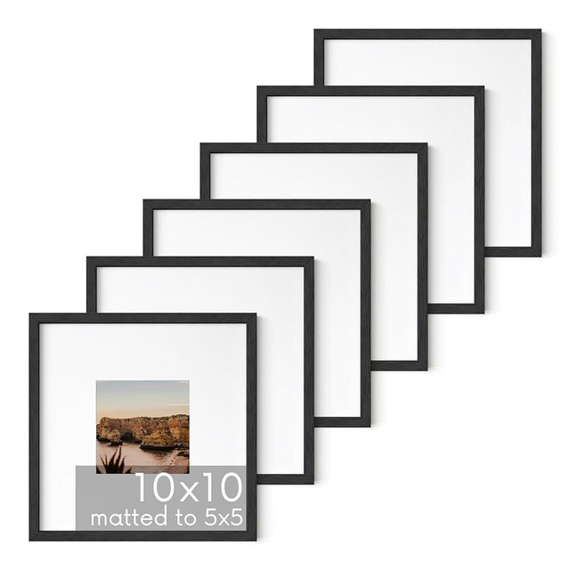 HAUS AND HUES Solid Oak Wood 10”x10” Picture Frames Matted to 5”x5” Set of 6-10x10 Frames with Mat, Square Frames 10 x 10, Square Gallery Frames, 10x10Black Frames for Gallery Wall