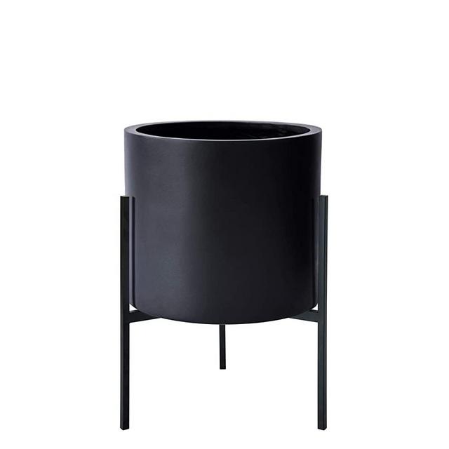 Modern Black Plants Pot Cylinder Planter with Heavy Duty Stand, Medium 10 Inch Pot, 16.3 Inch with Stand Height, 96-T-2-M