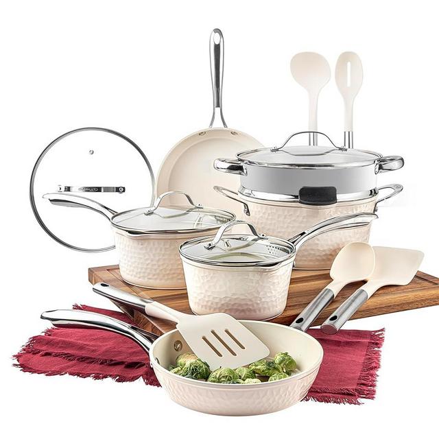 Gotham Steel Hammered 15 Piece Pots and Pans Set Non Stick Cookware Set, Pot and Pan Set, Kitchen Cookware Sets, Non Toxic Ceramic Cookware Set, Induction Cookware, Dishwasher Safe, Cream White