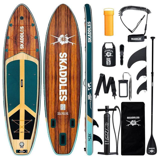 SKADDLES 11' Inflatable Stand Up Paddle Board – Extra Wide SUP for Adults & Kids of All Skill Levels, Stable Paddleboard with Pump, Fins, Backpack, Accessories & Waterproof Phone Pouch
