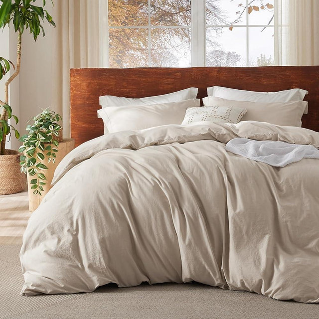 Bedsure 100% Washed Cotton Duvet Cover Cal King - Beige Minimalist Cotton Duvet Cover Linen Like - 3 Pieces Plain Simple Duvet Cover Set with 2 Pillow Shams (Beige, California King, 104"x98")