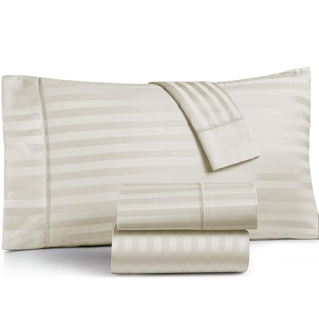 TEXAS LINEN CO. Luxury Egyptian Cotton Queen Stripe Sheet Set, 600 Thread Count Extra Long Staple 4 PC Set, Queen Damask Sheets, Soft, Cooling Sateen Weave Sheets Upto 18" Deep Pocket - Ivory