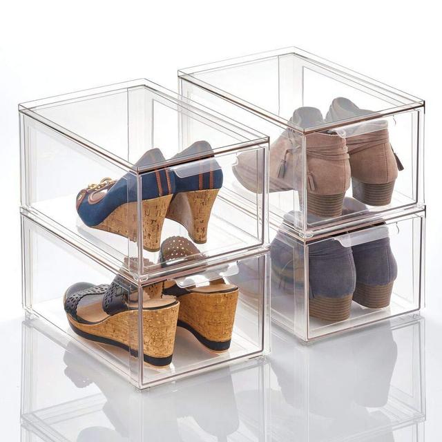 mDesign Plastic Stackable Closet Storage Box with Pull-Out Drawer - Container for Organizing Men's and Women's Shoes, Sandals, Wedges, Flats, Heels, and Accessories - 4 Pack - Clear