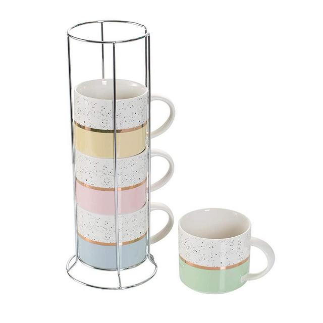 Hasense Stackable Coffee Mugs Set of 4 with Metal Stand, 15 Ounce Large Stacking Ceramic Cups with Rack Perfect for Coffee Cocoa Latte Milk and Tea, Assorted Color