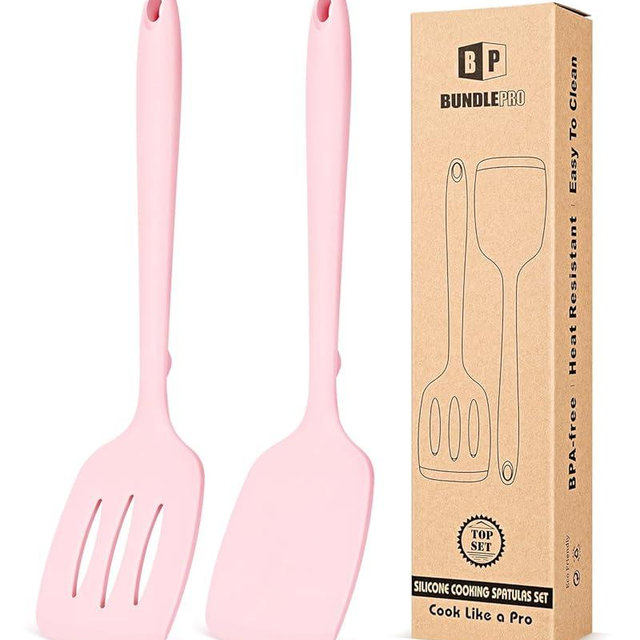 Pack of 2 Silicone Spatula Turners, Non Stick Slotted Kitchen Spatula Set, Heat Resistant BPA Free Kitchen Utensils, One-Piece Design, Suitable for Flipping Fish, Eggs, Steak, Pancakes (PINK)