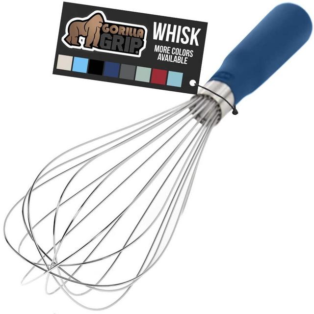 Gorilla Grip Stainless Steel Balloon Wire Whisk, Heavy Duty Metal Whisks for Cooking, Hand Mixing Kitchen Tool, Egg Beater, For Stirring, Blending, Baking, Comfortable Long Handle, 10 Inch, Blue
