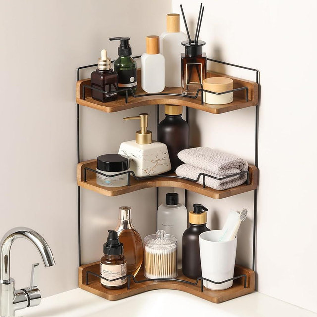 Snuvid 3-Tier Bathroom Counter Organizer, Wooden Corner Shelf for Vanity Countertop Skincare & Makeup, Storage and Organization for Kitchen