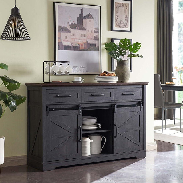 IFGET Farmhouse Buffet Cabinet, 53” Sideboard Cabinet w/3 Drawer, Rustic Storage Cabinets w/Sliding Barn Door, Coffee Bar for Dinning Room, Kitchen, Hallway, and Living Room-Dark Grey