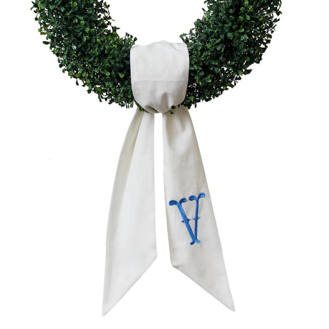Monogram Wreath Sash for Front Door, White Embroidered Linen Wreath Sash, Porch Accessory for Xmas Party Yard, Wedding, and Boxwood Decoration, Indoor Outdoor Décor - (V)