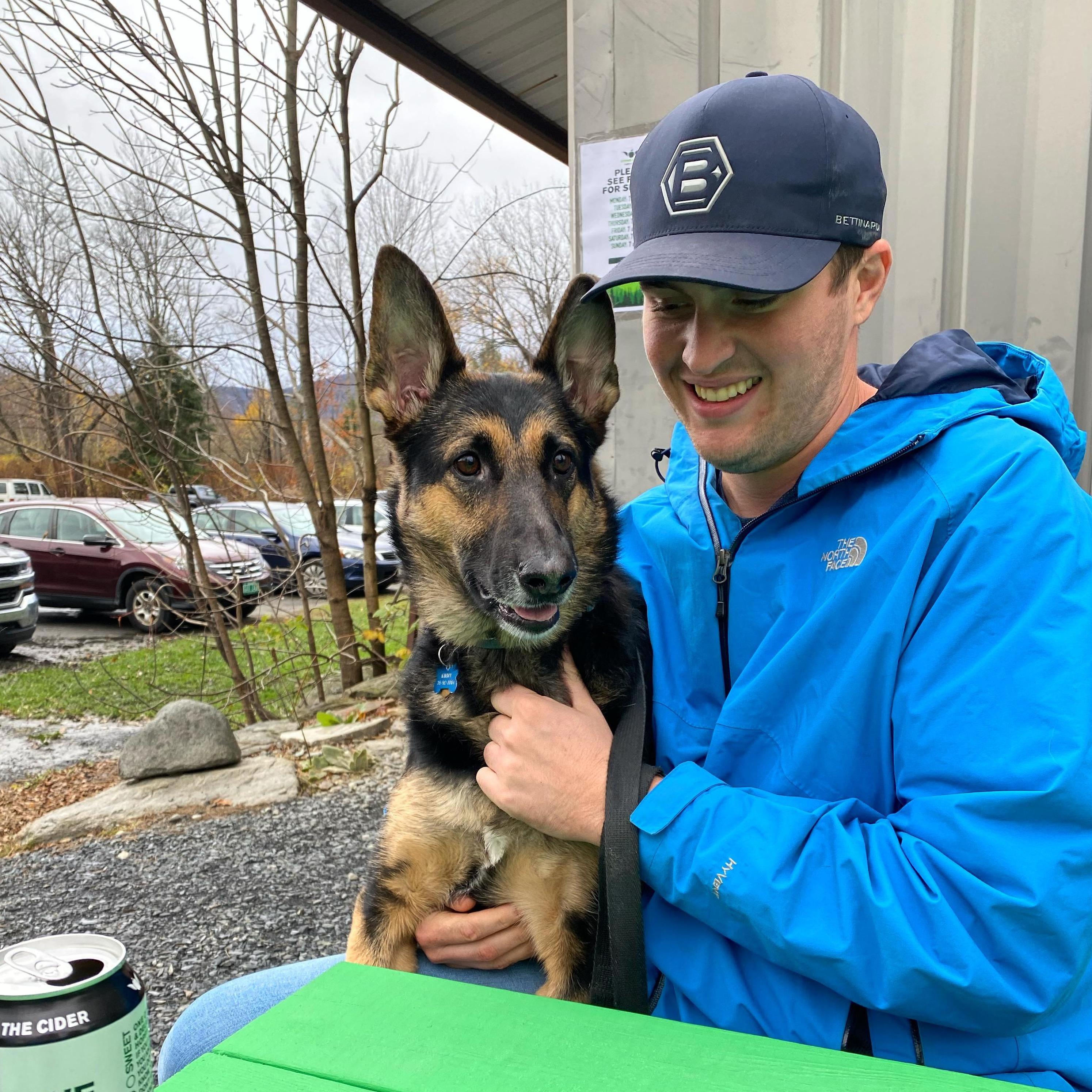 Matt and our dog, Kimmy, on our recent trip to Vermont