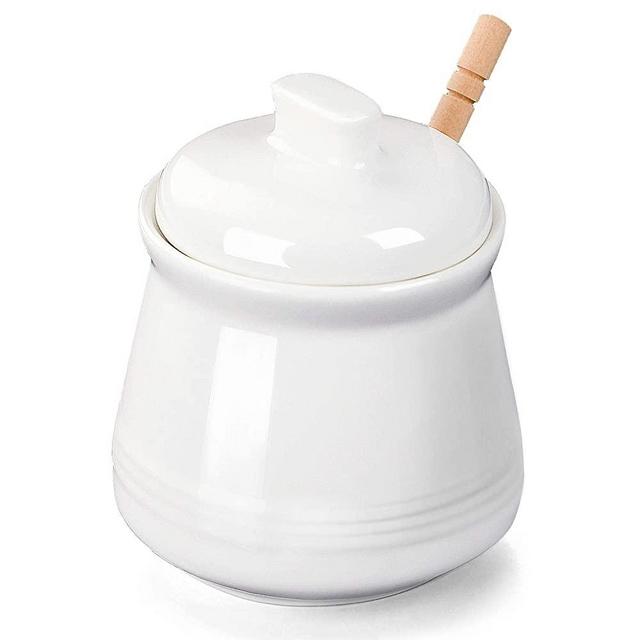 LEETOYI Porcelain Honey Jar with Lid and Honey Stick,Ceramic Honey pot,12oz White