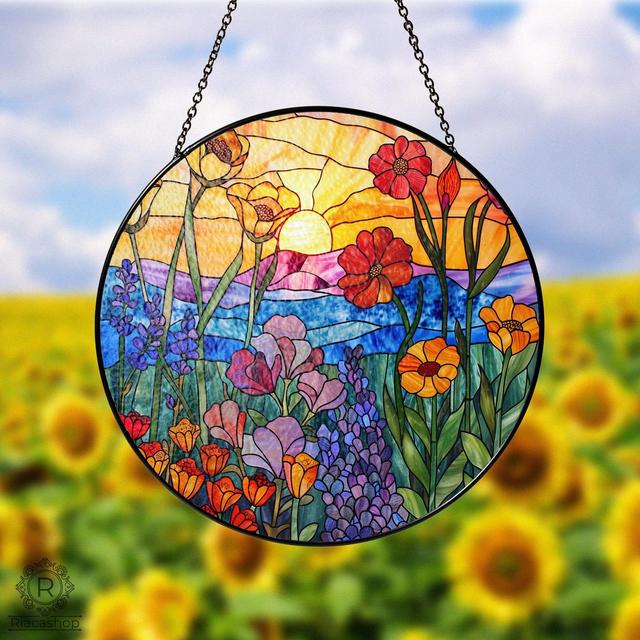Wildflowers Sun catcher, Sunset Stained Glass Style Window Hangings, Wall Decor, Housewarming Gift, Home Decor, Window Hanger