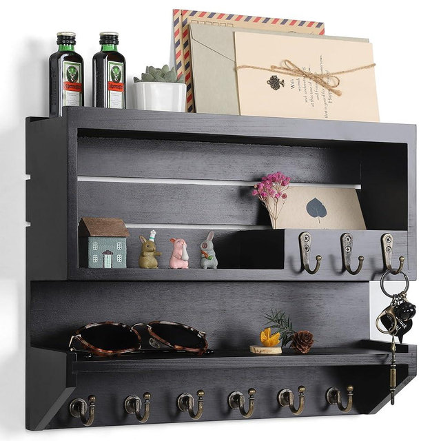 Innovation Key and Mail Holder for Wall, Key Holder Wall Mount, Mail Organizer with 9 Hooks, Black