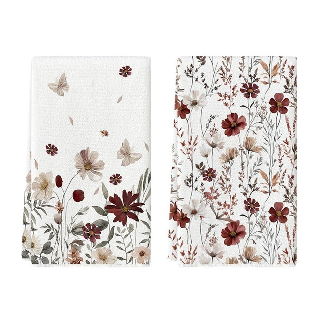 Artoid Mode Brown Flowers Wildflower Fall Kitchen Towels Dish Towels, 18x26 Inch Farmhouse Autumn Decoration Hand Towels Set of 2