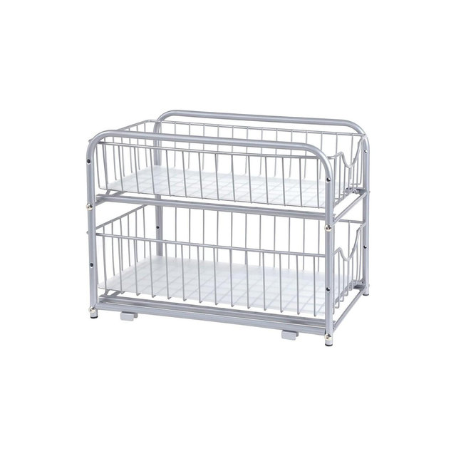 SONGMICS Pull Out, 2-Tier Sliding, Stackable Under Sink Cabinet Organizer with Storage Basket Drawers, for Kitchen, Bathroom, Silver