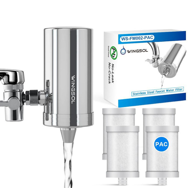 WINGSOL WINGSOL Stainless-Steel 360°Rotating Sink Water Filter, Carbon Block Water Filter for Sink Faucet, Reduces Chlorine, Heavy Metals and Bad Taste Faucet Water Filter,4 Filter Cartridges Included