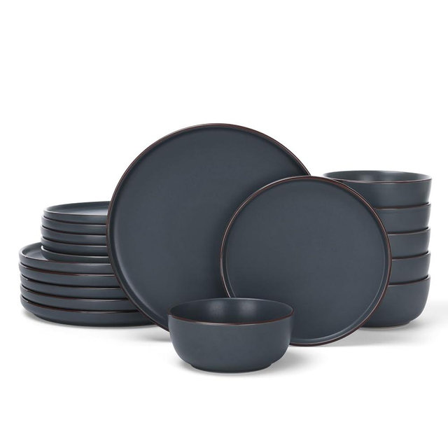 Famiware Mercury Plates and Bowls Sets, 18 Pieces Stoneware Dinnerware Sets, Dishes Set for 6, Microwave and Dishwasher Safe, Charcoal