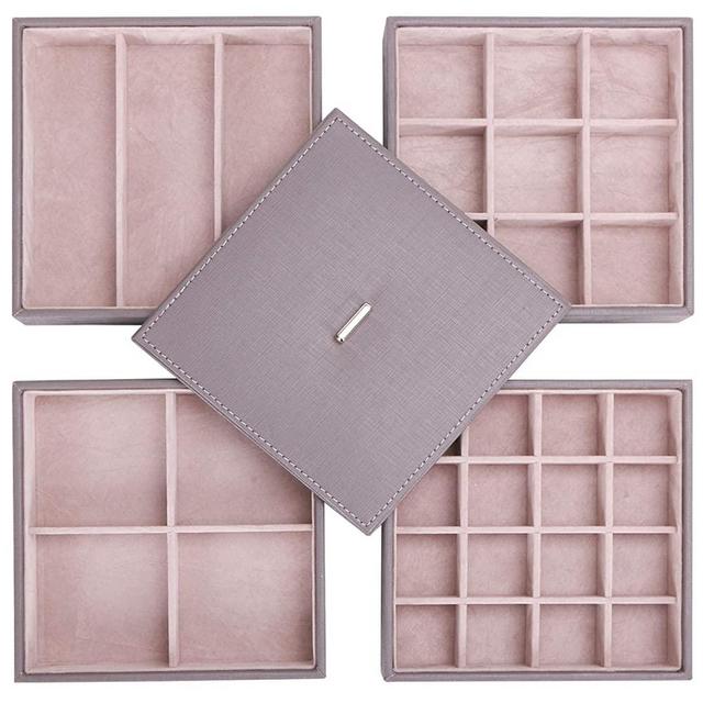 BEWISHOME Jewelry Organizer Tray Stackable Earring Storage Trays with Lid for Dresser and Drawer 32 Slots for Rings, Earrings, Necklaces, Bracelets and Watches Set of 4 Grey SSH81H