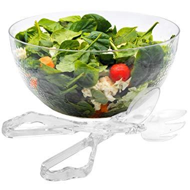 140 oz Salad Serving Bowl With Plastic Tongs Set Disposable Clear Glass Look