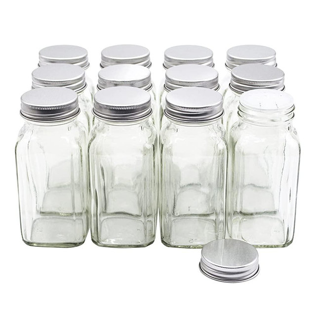 U-Pack 12 pieces of French Square Glass Spice Bottles 6 oz Spice Jars with Silver Metal Lids, Shaker Tops, and Labels by U-Pack